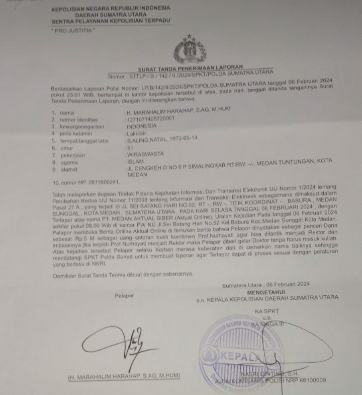 Cemarkan Nama Baik Marahalim Harahap, LPBH PWNU Sumut laporkan Media Aktual Online ke Poldasu
