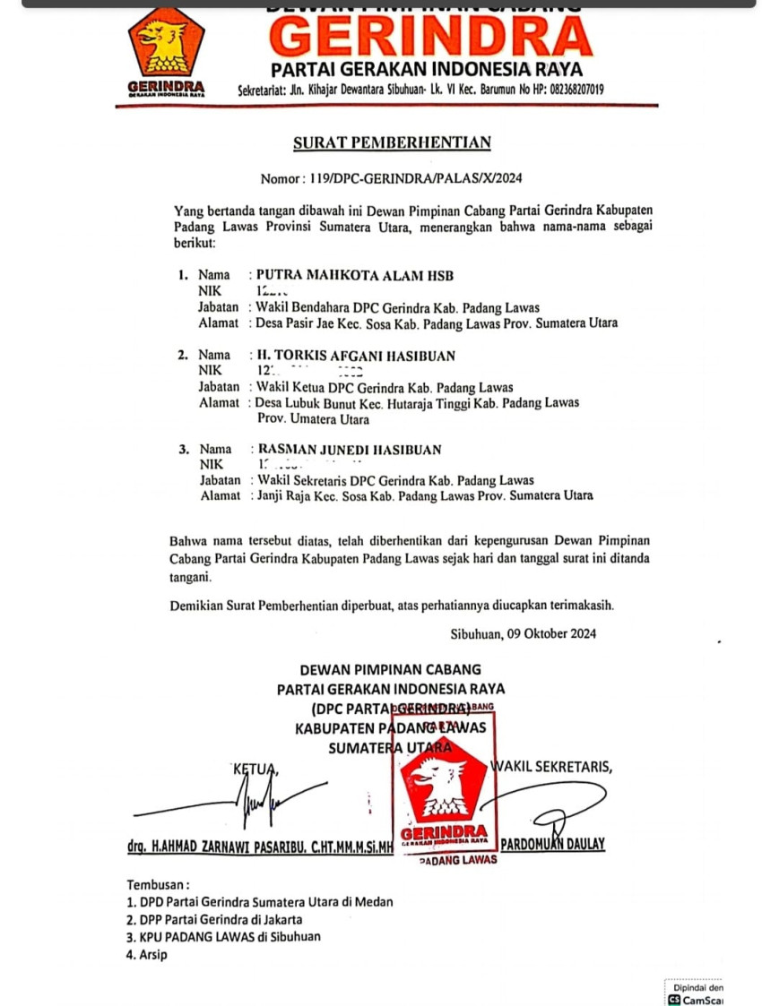 Dinilai Tak Patuh, Tiga Pengurus DPC Partai Gerindra Palas Diberhentikan