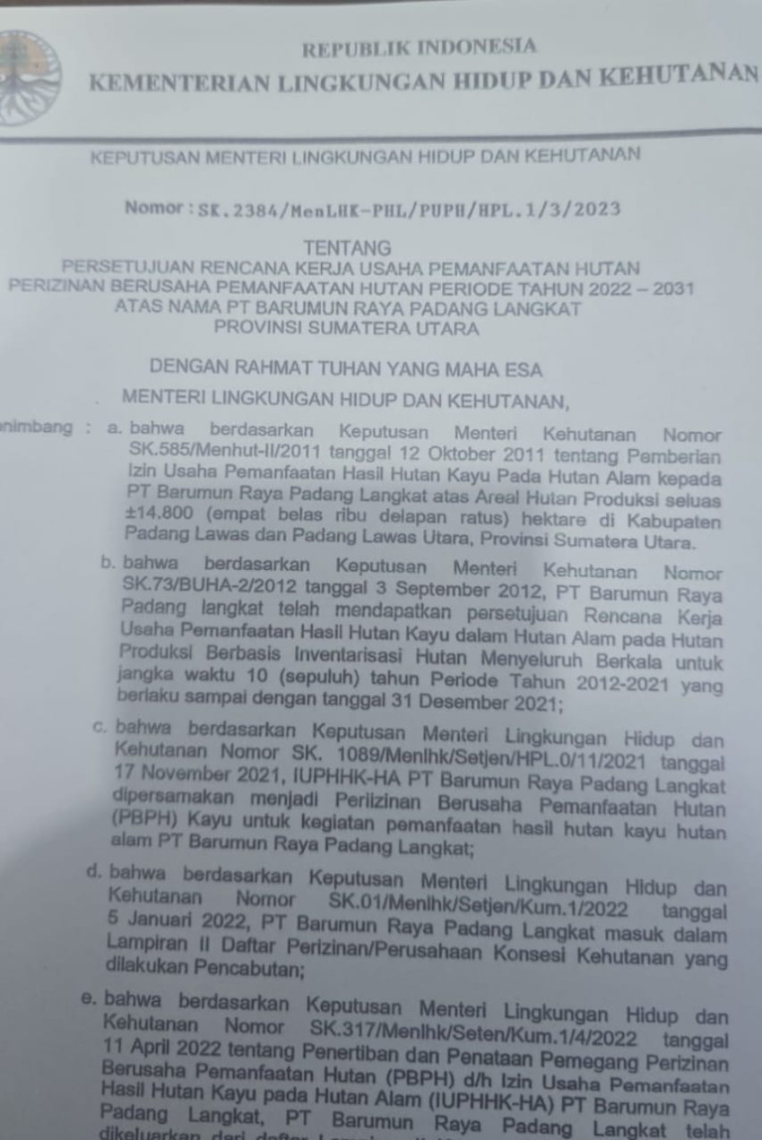 PT Barapala memilki Legalitas Izin Resmi Menteri Lingkungan Hidup dan Kehutanan