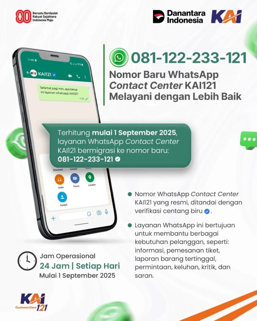 KAI Sumut Umumkan Perubahan Nomor WhatsApp Contact Center KAI121 Mulai 1 September 2025